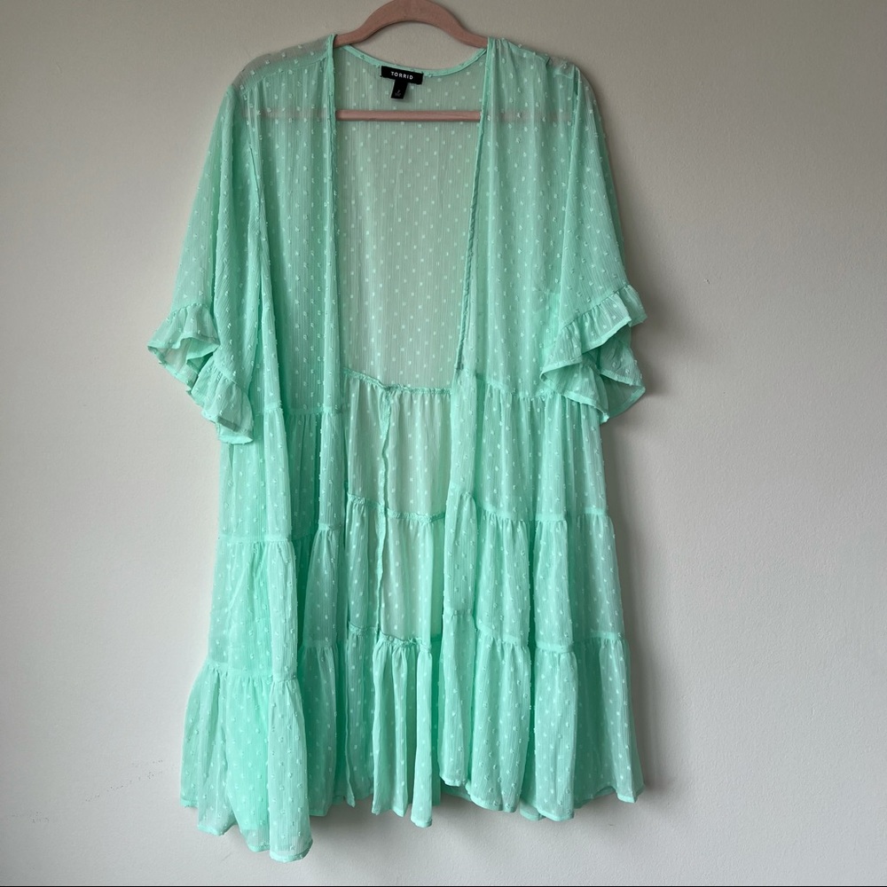 Torrid Clip Dot Ruffle Kimono Light Green Open Front Short Sleeve Size 2